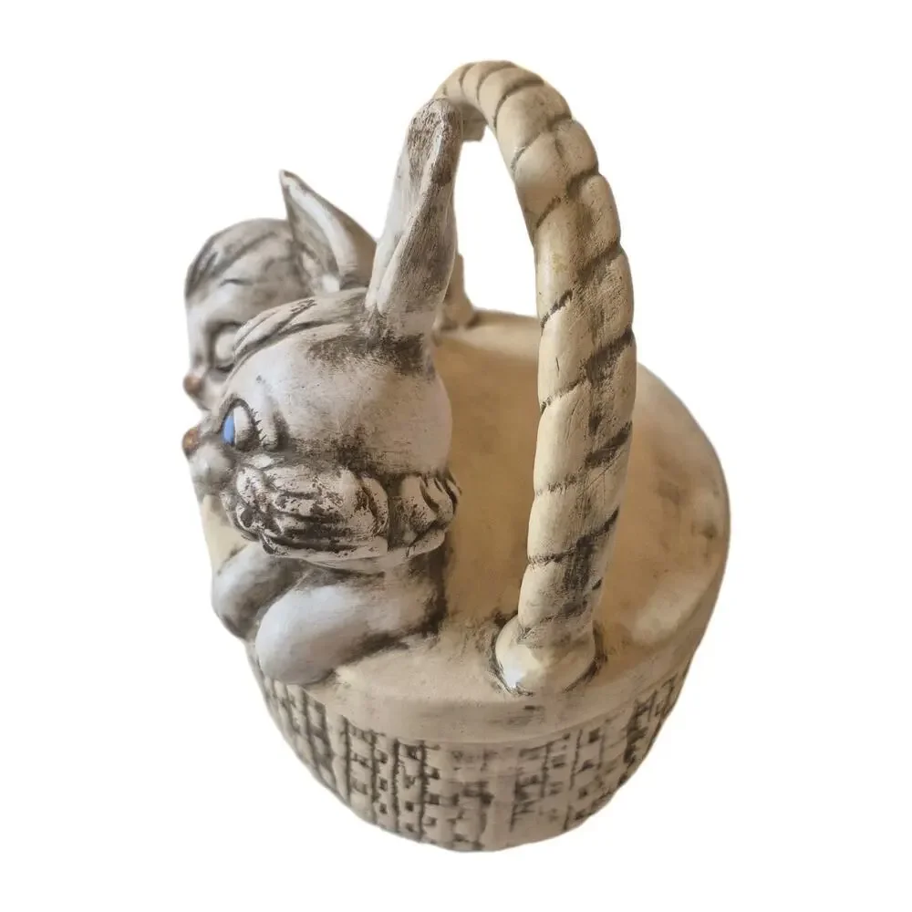 Vintage 1950s Bunnies in Basket Ceramic Trinket Box Cream Brown 7x7x5.5